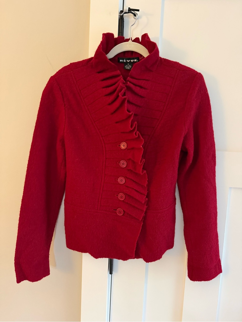 Revue Vintage 90’s Boiled Wool Jacket Garnet Red Fitted Style Ruffle Neckline M